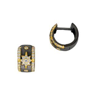 Yellow Gold and Black Pavé Huggie Earrings with Crystal Accents